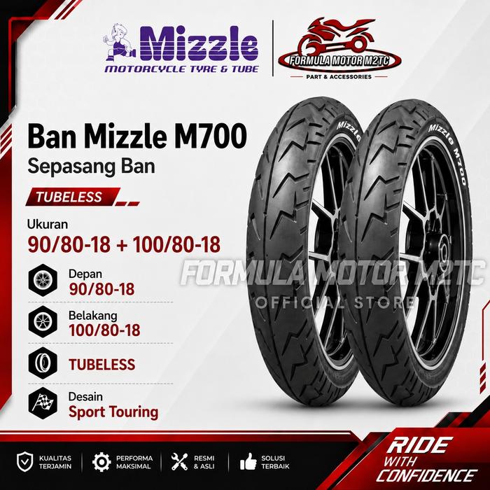 Paket Ban 90/80-18 + 100/80-18 MIZZLE M700 Tubeless Ring 18 Sepasang Ban Tubles Motor
