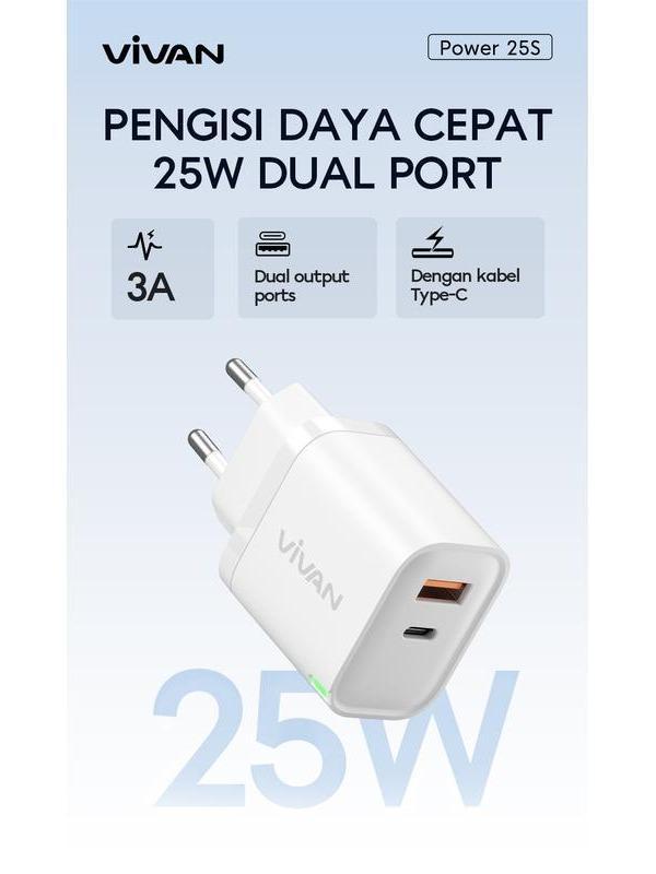 Terlaris Vivan Power 25S Travel Charger Adaptor 25W 3A Dual Port Usb-A Dan Usb-C With Cable Data Typ