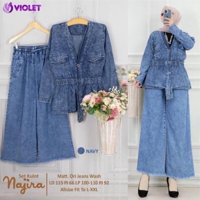 READY NAJIRA SET JEANS SETELAN CELANA KULOT BLAZER JEANS PREMIUM/ONE SET JAKET DENIM WANITA KEKINIAN