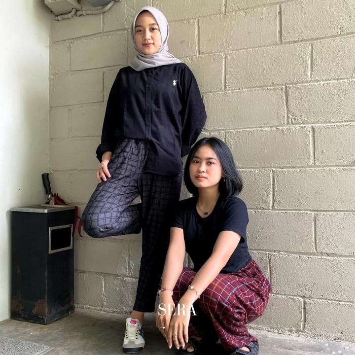 SERA Celana Panjang Casual Wanita Stylish Motif Kotak Bahan Denim Diana Premium