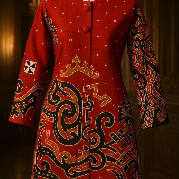 atasan tunik wanita motif batik lampung merah lengan panjang bahan katun premium berlapis furing Ser