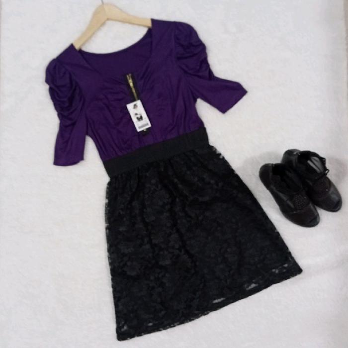 Baju Dress Ungu Hitam Brukat