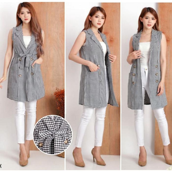 NEW OUTER MOTIF KOTAK LONG OUTER ROMPI KARDIGAN CEWEK WANITA