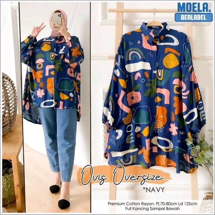 Moela. Kemeja Baju Jumbo LD 130 Bahan Rayon Premium Ovis Oversize Navy Full Kancing Sampai Bawah