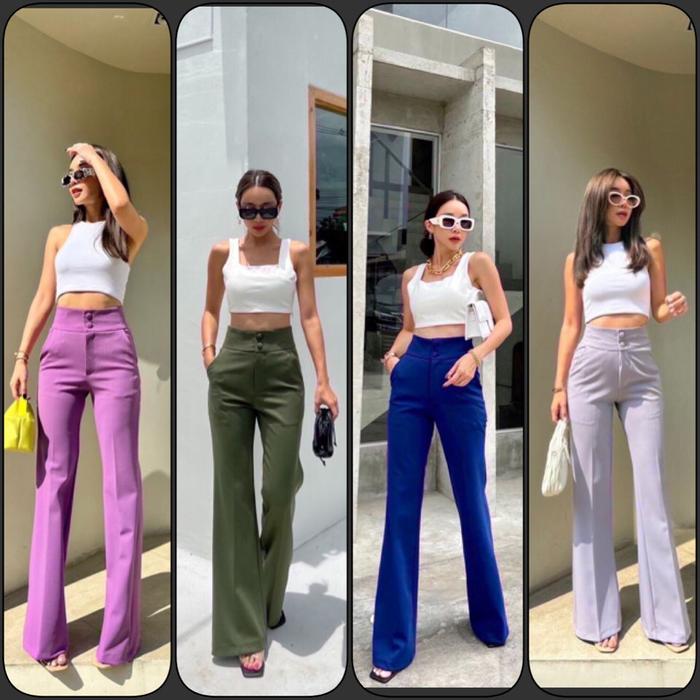 New ORI/AUTHENTIC 008 PROMTHONG Celana Panjang Cutbray High Waist Culottes 2 Button Wanita Import Pr
