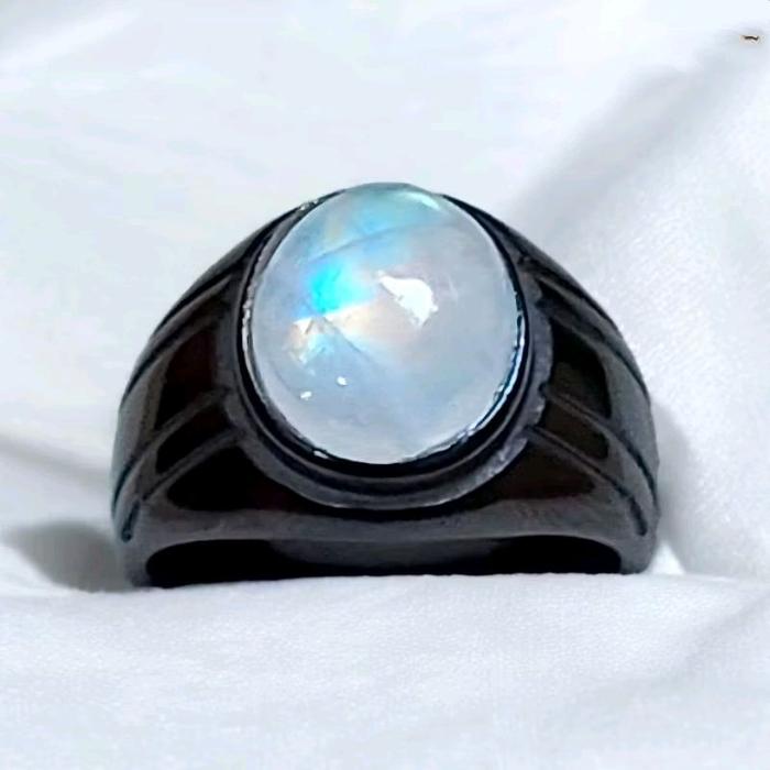 Batu Cincin Biduri Bulan Natural Original Stone dengan Titanium Warna Hitam