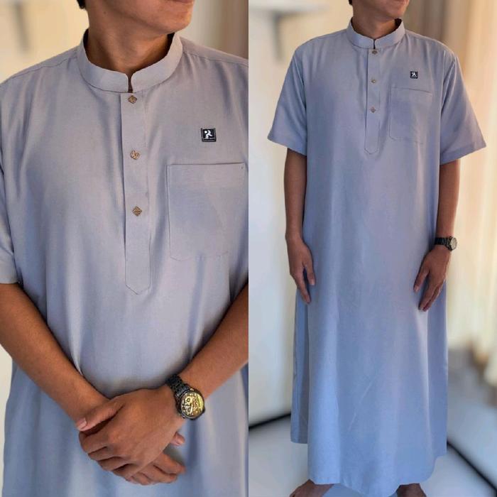 Jubah Afsheen Muslim Polymicro Dewasa Series Pria - Lengan Pendek Katun Hitam Gamis Embos Motif Abu