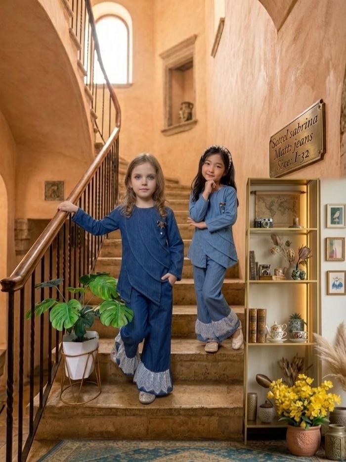 Setelan Baju Jeans Anak Perempuan Trendy Model Layer Aksesori Bros Renda Bahan Levis Kulot - Sabrina