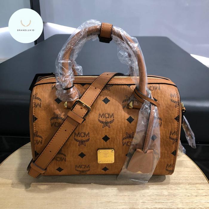 MCM SMALL BOSTON BAG IN VISETOS COGNAG