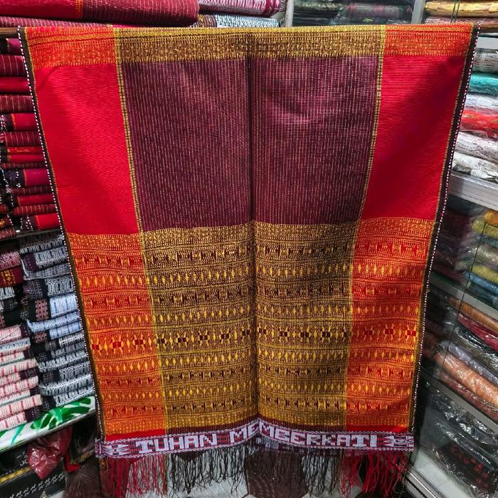Ulos Toba Ragi Hotang Toba Tenun Mesin Motif Tumtuman Merah Maroon Kuning Emas