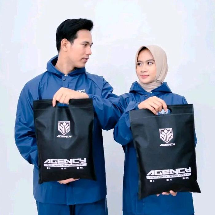 Jas Hujan merk Agency ori Setelan Pria Wanita Bahan PVC Karet Tebal Awet Kuat Anti Rembes Anti Bocor