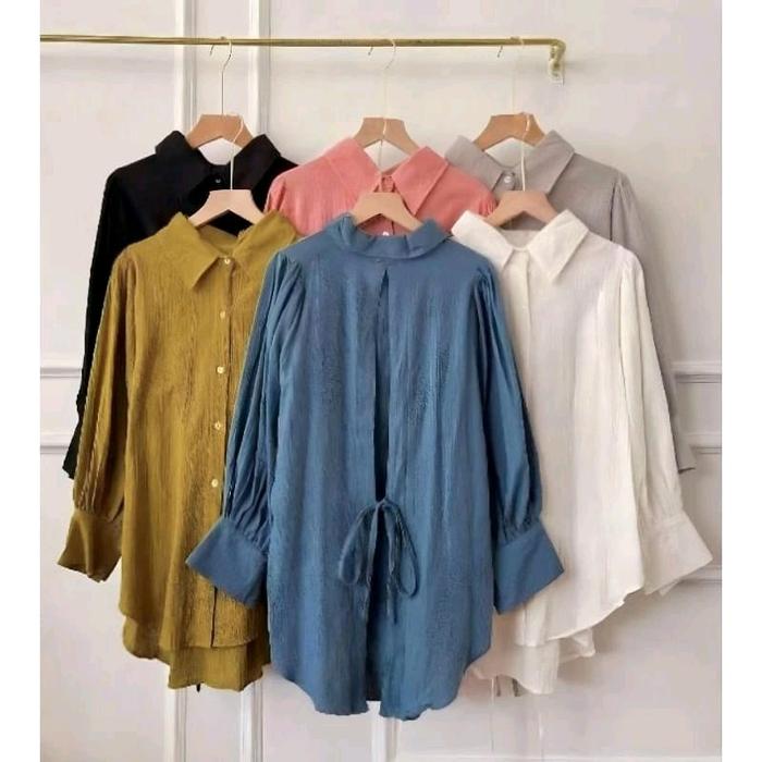 baju kemeja polo nilen sisa warna biru denim