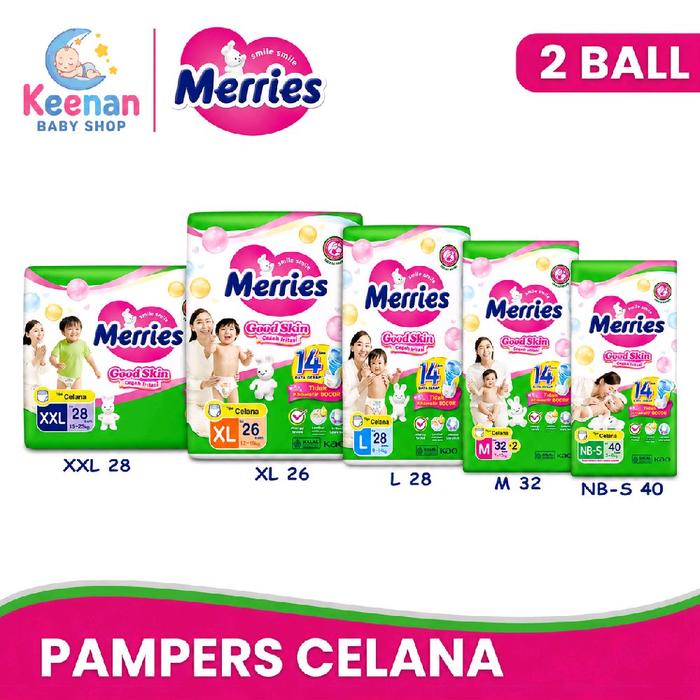 Merries Pampers Celana Good Skin 2 Ball - Ukuran XXL 28, XL 26, L 28, M 32, NB-S 40 - Keenan Baby Sh