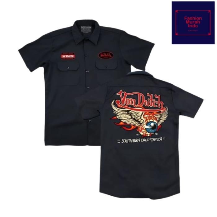 Kemeja von dutch workshirt vondutch unisex pria wanita lengan pendek hitam ukuran m l xl xxl 2l 2xl