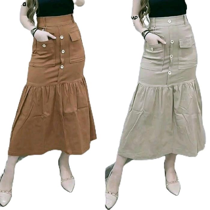 Rok Panjang Wanita Sotf Jeans Streect dengan Kantong & Tombol Depan Desain Ruffle Hem Warna Coklat d
