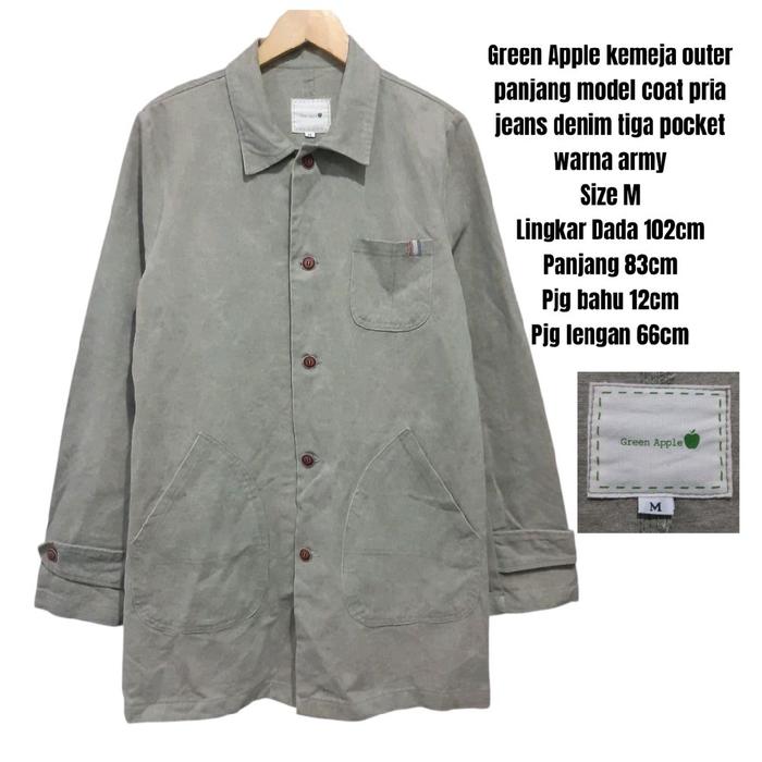 Green Apple kemeja outer panjang model coat pria jeans denim tiga pocket warna army