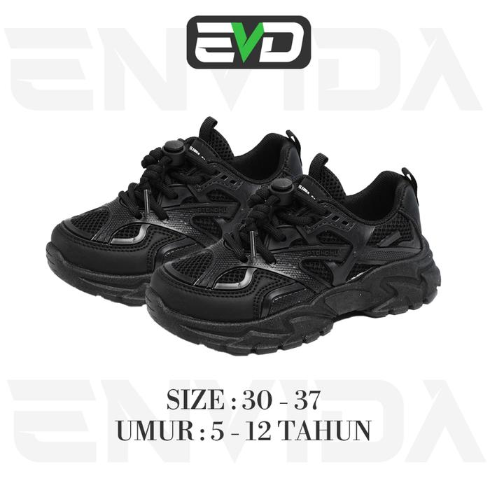 EVD - Sepatu Hitam Full Black Anak Sekolah SD Cowok dan Cewek Model Tali Serut Umur 5-12 Tahun Unise