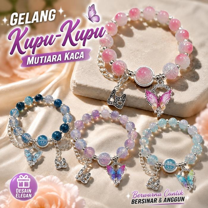 Gelang Manik Kaca Giok Motif Kupu-Kupu Wanita, Gelang Tangan Liontin Topeng Modis Serbaguna
