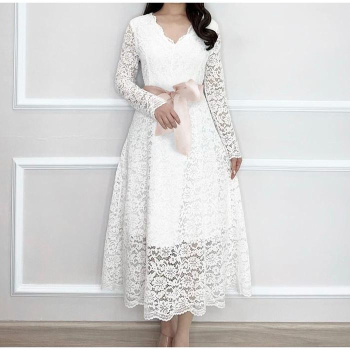 NEW Dress Brukat Lengan Panjang Gaun Sopan Dress Putih Kristen Naik Sidi Pakaian Fashion Wanita