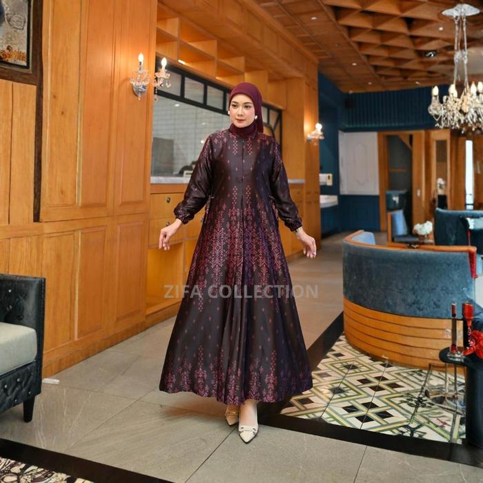 Dress Zaneta - Gamis Silk Premium Printing Terbaru Bunsui Seragaman Burgandy Jumbo Sampai LD 130Cm K