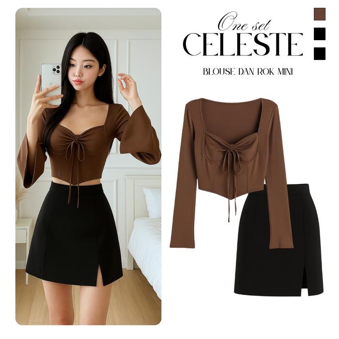Celeste Outfit cewek Wanita Kekinian atasan Longsleeve Knit Dropneedle & Rok Span Hitam Pendek Korea
