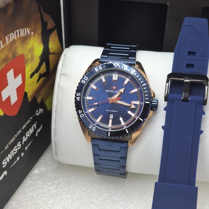 Jam tangan pria analog swiss army polos(45mm) free box dan tali strap rubber o Stainless Watches