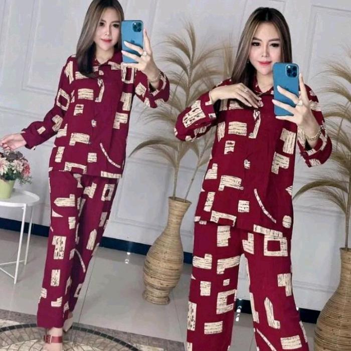 One Set Rayon Motif Kayu/One Set Rayon Kekinian/Setelan Kayu