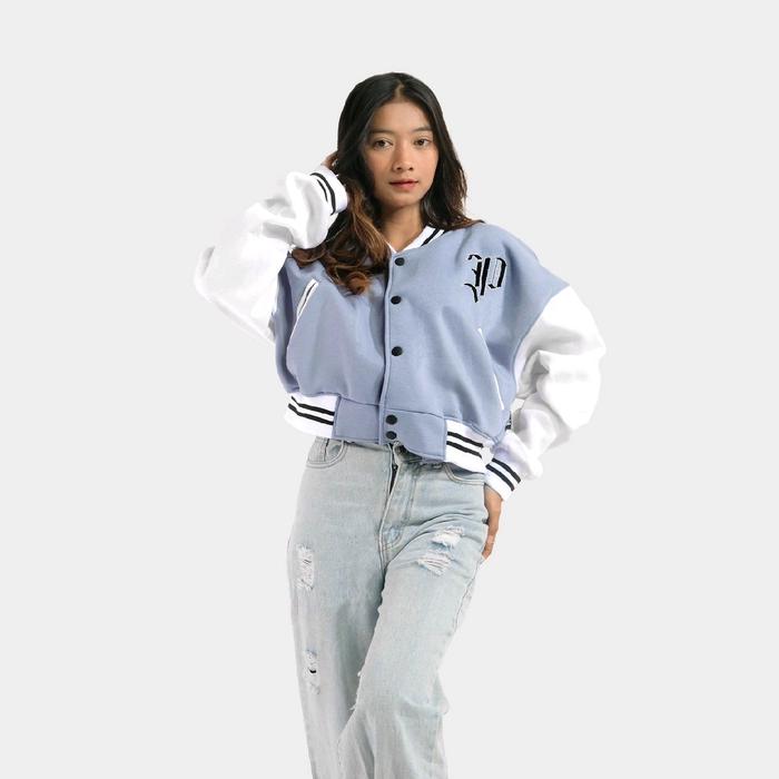 PHOMPPHIESS Jacket Varsity Crop Oversize Denim Jacket Baseball Polos Bordir Cewek Fleece Tebal