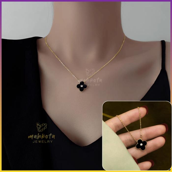 K255 Kalung Wanita Titanium Anti Karat Tidak Luntur Liontin Zircon Bunga Aksesoris Rantai Lapis Emas