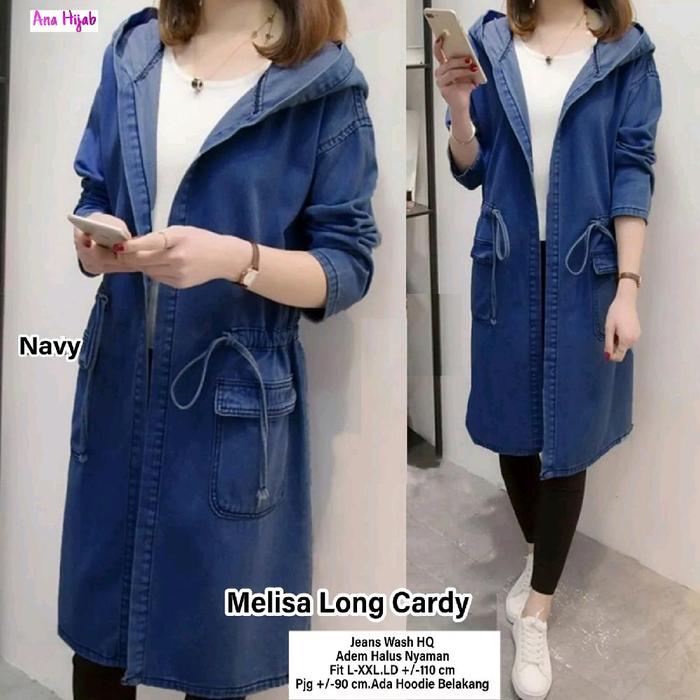 MELISA LONG CARDY OUTWEAR JAKET PANJANG JEANS DENIM WANITA HOODIE LD 110 Fit to XXL