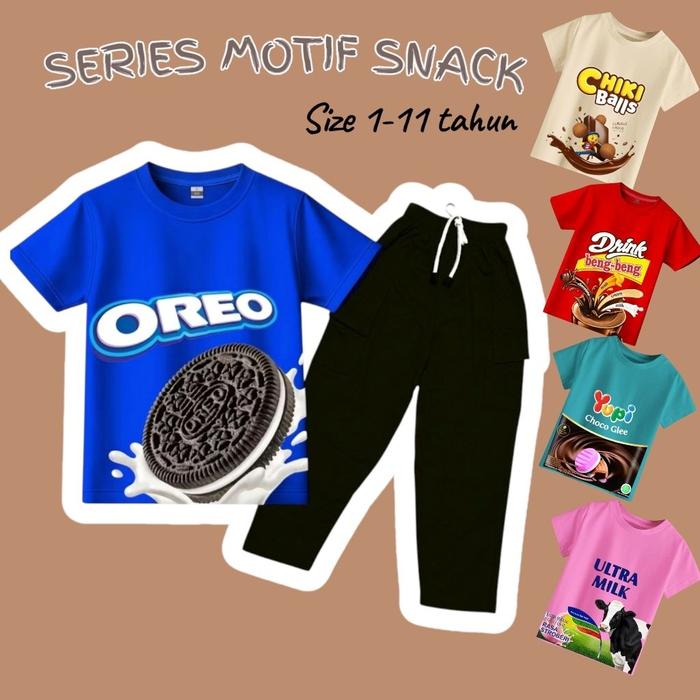 Viral Setelan Anak Motif Snack Jajanan - Baju Anak Motif Snack Jajanan Usia 1-11 Tahun