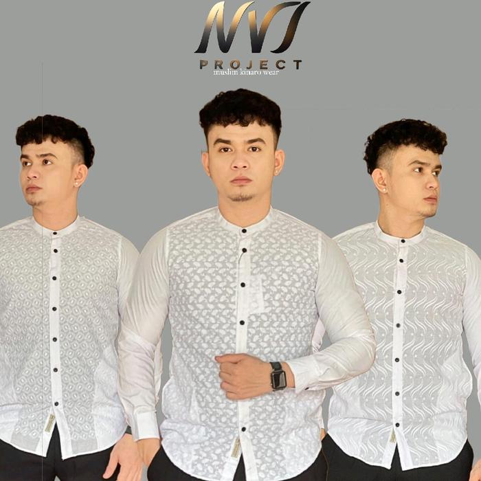 baju kemeja barukat pria dewasa lengan panjang kemko muslim kinaro Biru Fit Koko Bunga Putih Formal 