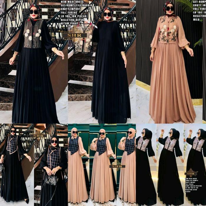 Set Maxi Dress Rompi Ceruty Import Tompi SQUEEN Printing SHR ORI - Dewasa, Lebaran, Wanita, Remaja, 