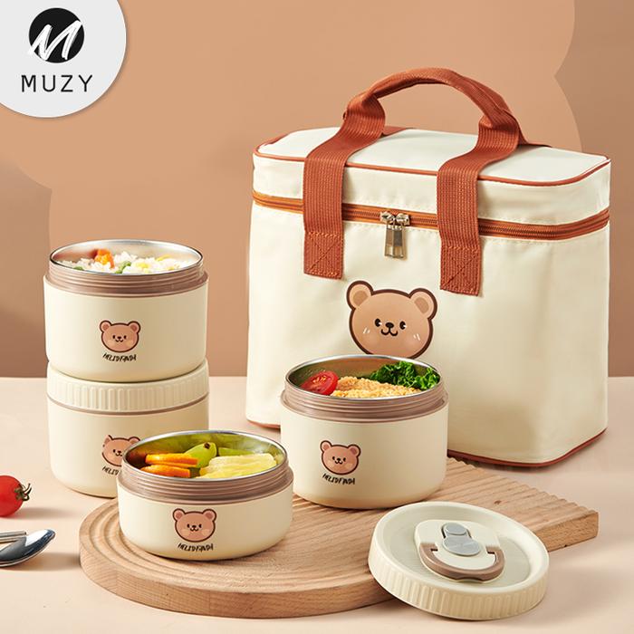 Muzy Round Stainless Lunch Box Set Kotak Makan Siang Bento Kotak Makan Siang 316 Stainless Steel Lun