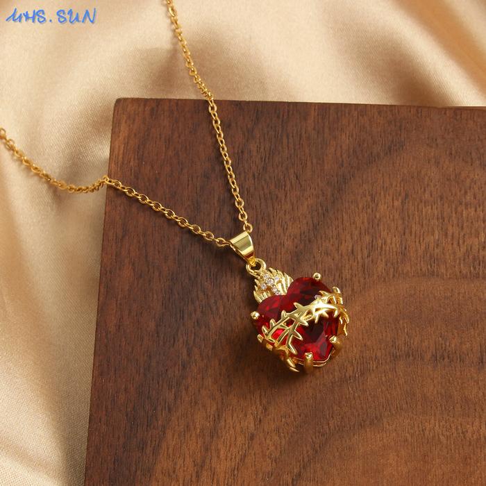 MHS.SUN Gold Plated Sacred Heart of Jesus Cross Necklace Red Zircon Religious Catholic Pendant Neckl