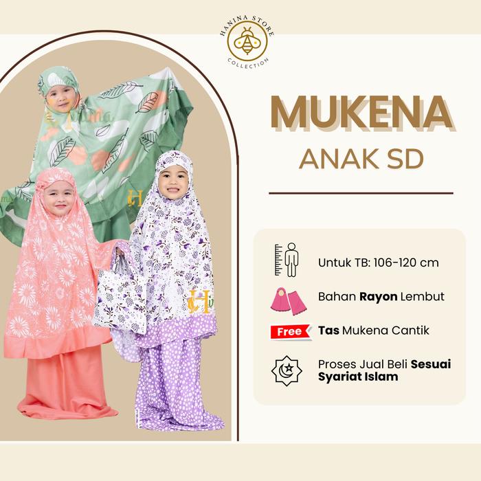 HANINA Mukena Anak SD 6-9 Tahun Motif Bunga Daun Polkadot Bahan Rayon Lembut Adem Full Karet Tas Muk