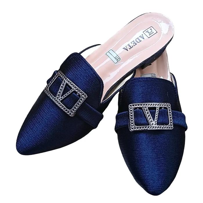 Sepatu Sandal Wanita Satin Biru Navy Selop Kondangan Pesta Pasangan Kebaya - Shoes, Sendal