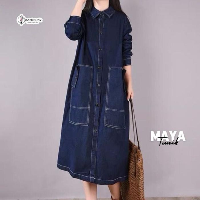 Imani Butik | Tunik Maya Fashion Wanita Muslim Atasan Baju Jeans Bahan Halus Polos Kancing Katun Lin