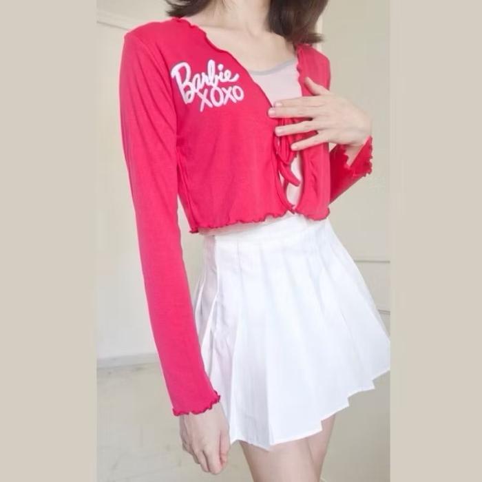 Cardigan Tali Rib Knit BARBIE XOXO Crop Top Korean Style Model Kekinian / Cardigan Outerwear Wanita