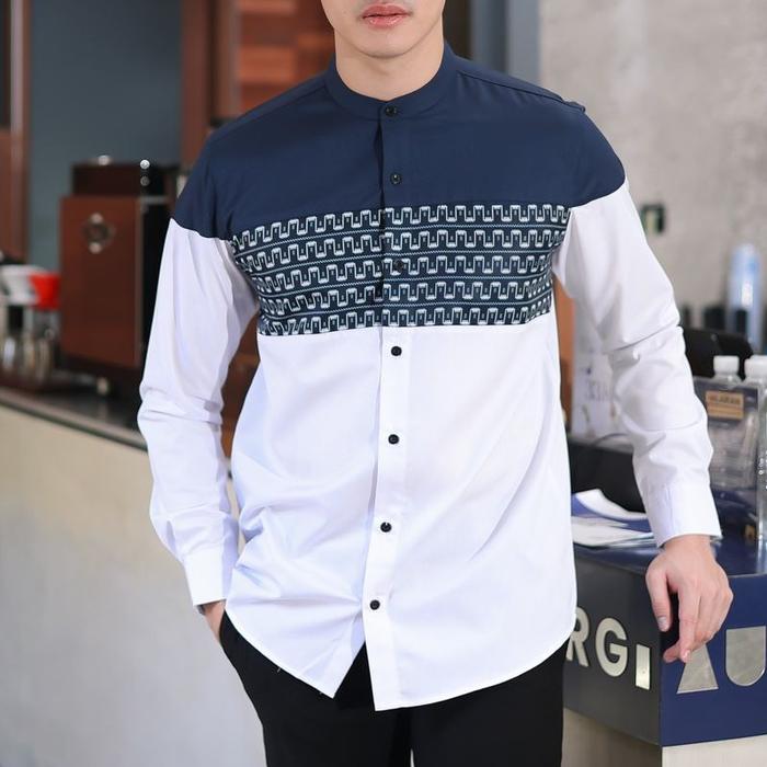 Baju Koko Muslim Pria Kombinasi Batik Dewasa Lengan Panjang Katun Premium Kemeja simpel warna cream