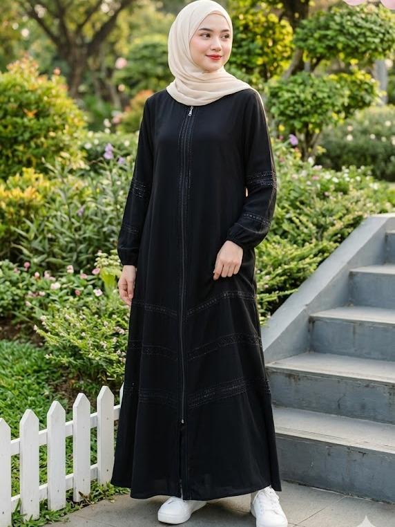 Gamis Abaya (VIONA) jetblack bordir minimalis Wanita Muslim