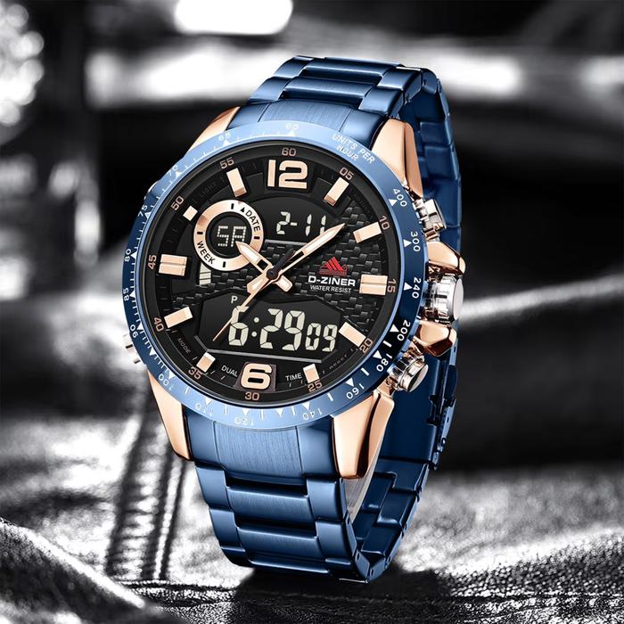 JAM TANGAN PRIA DUAL TIME DZINER 8306 WATER RESISTAN 5ATM Elegan Kaca