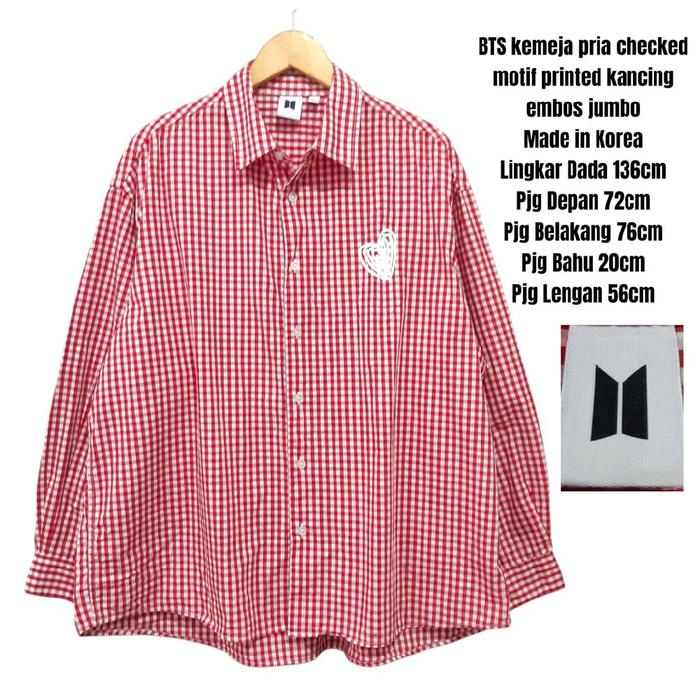 BTS Big Hit Entertainment kemeja pria checked motif printed kancing embos jumbo