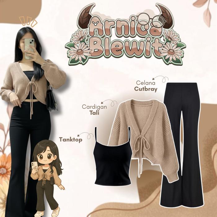 Setelan Wanita Kekinian Simple ( Cardigan Tali - Celana Cutbray - Tas Bahu )OOTD Hangout Nyaman 3in1