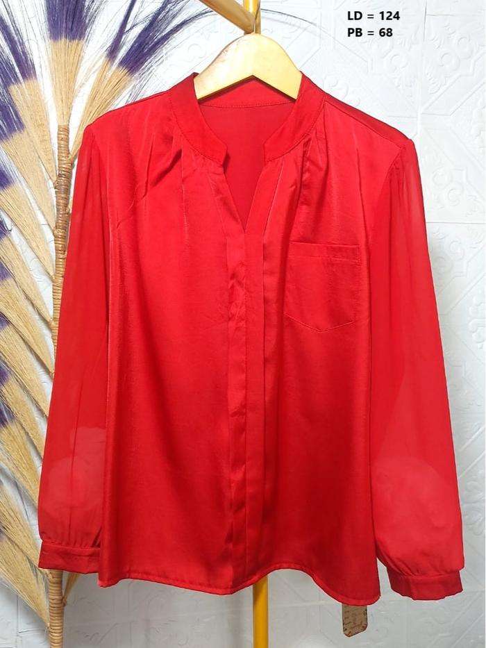 BLUS MERAH SILK SIFON LENGAN BALON