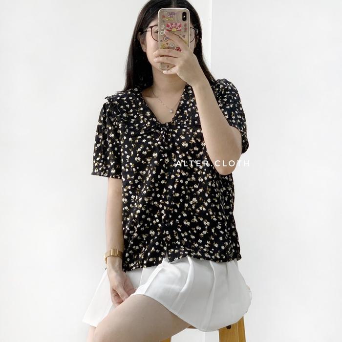 rhea.store - OLLO SERIES | Atasan Wanita Lengan Panjang Pendek Top Korea Bunga Hitam Kemeja Kerah Ja