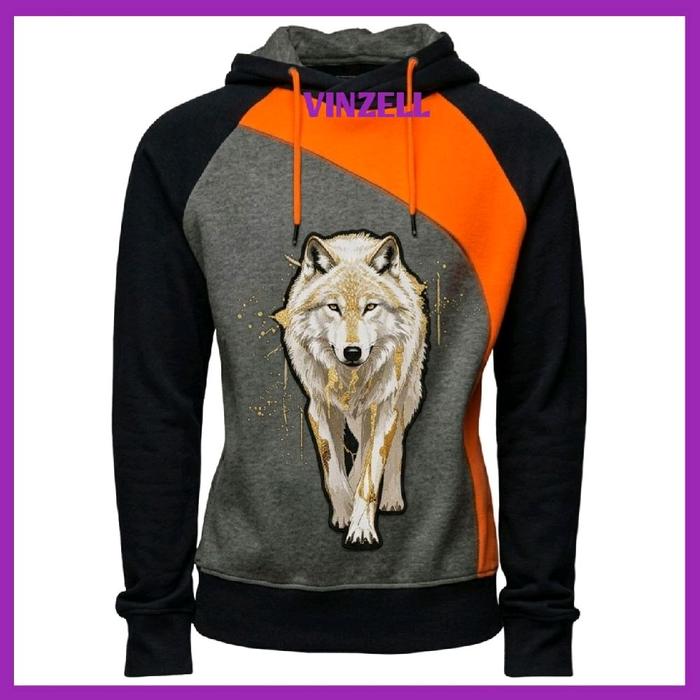 VINZELL Sweater Hoodie Pria Wanita Unisex Graphic Print Serigala Gold Wolf Combination Block Grey Bl
