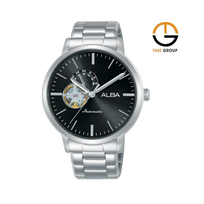 JAM TANGAN PRIA ALBA MECHANICAL A9A001 A9A001X1 OPEN HEART AUTOMATIC BLACK DIAL STAINLESS STRAP