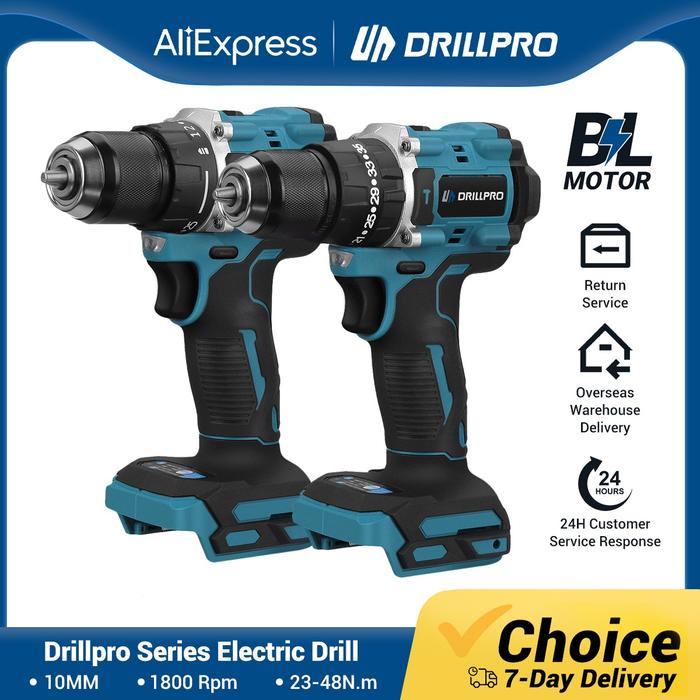 Drillpro 10mm Brushless Electric Impact Drill Wireless Screwdriver Hammer Cordless 20+3 Torque Power