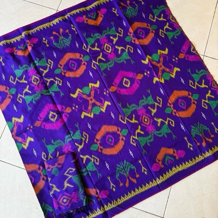 Sutra Mastuli Kalianget Set Selendang Sudah Dilasem dengan Motif Tradisional Warna Ungu dan Hijau